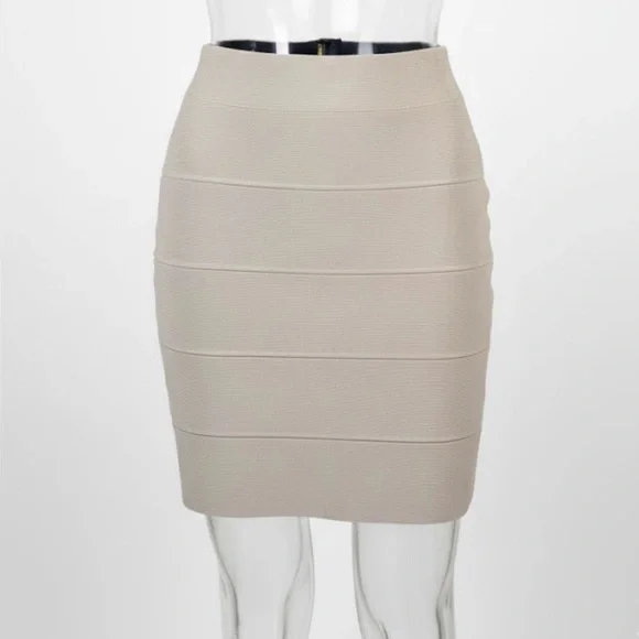 BCBGMAXAZRIA Nude Bandage Bodycon Skirt (Rayon) | Size L | Waist Shaper Effect - Picture 2 of 10